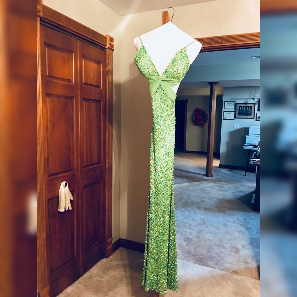 Scala green and blue fully beaded prom gown